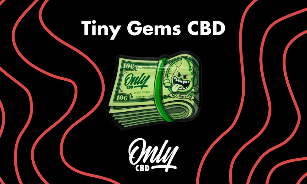 Cogollos pequeños Tiny Gems CBD de genética OG Kush con alta concentración de resina y color verde intenso sobre fondo neutro.